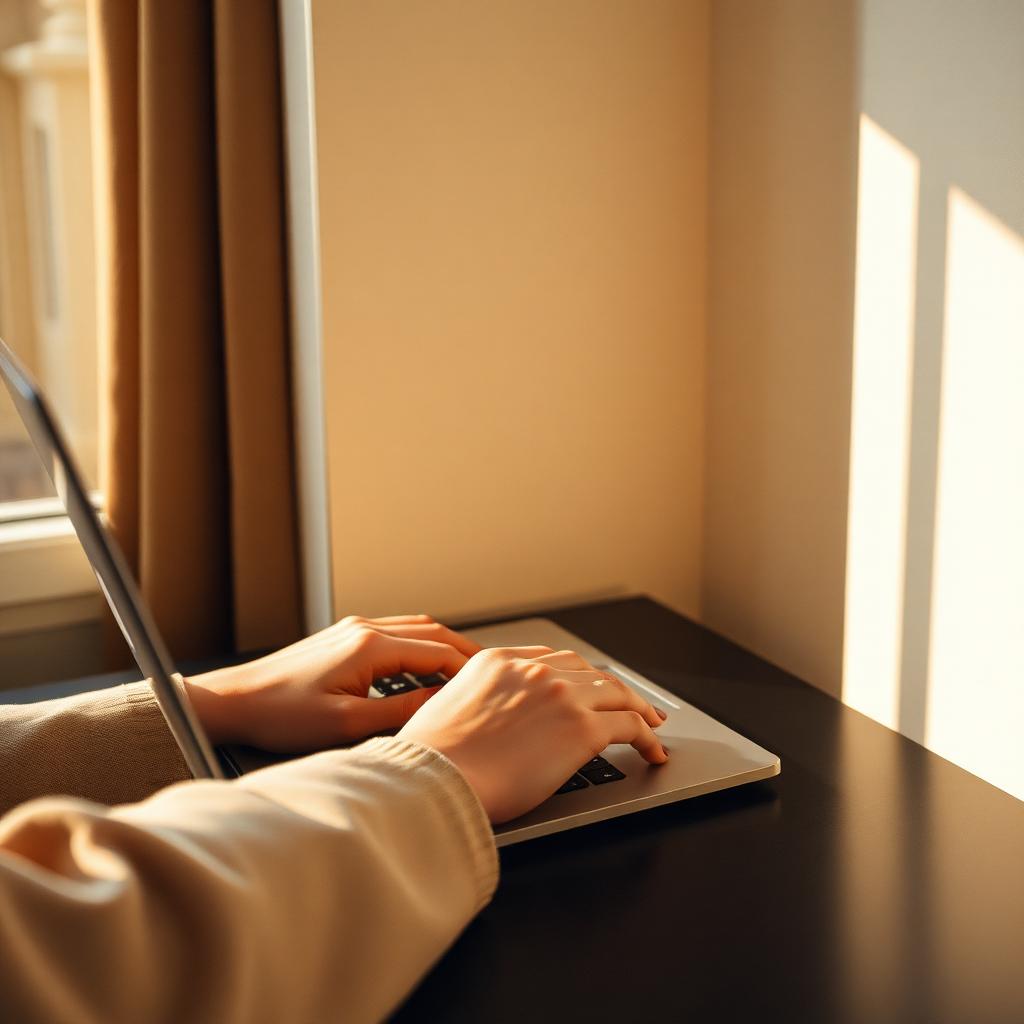 Hands typing on a laptop in warm morning light
