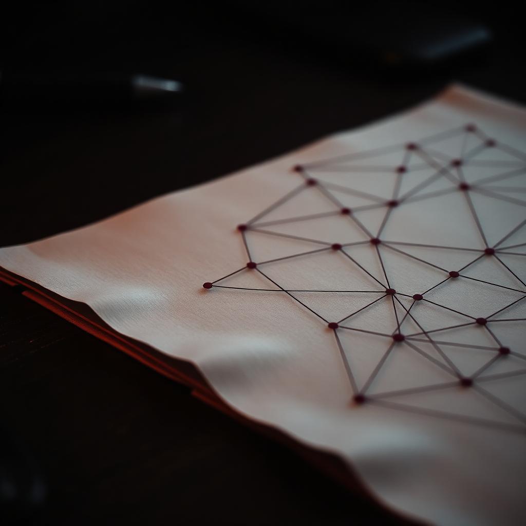 Close-up of a network diagram on linen paper in moody low light