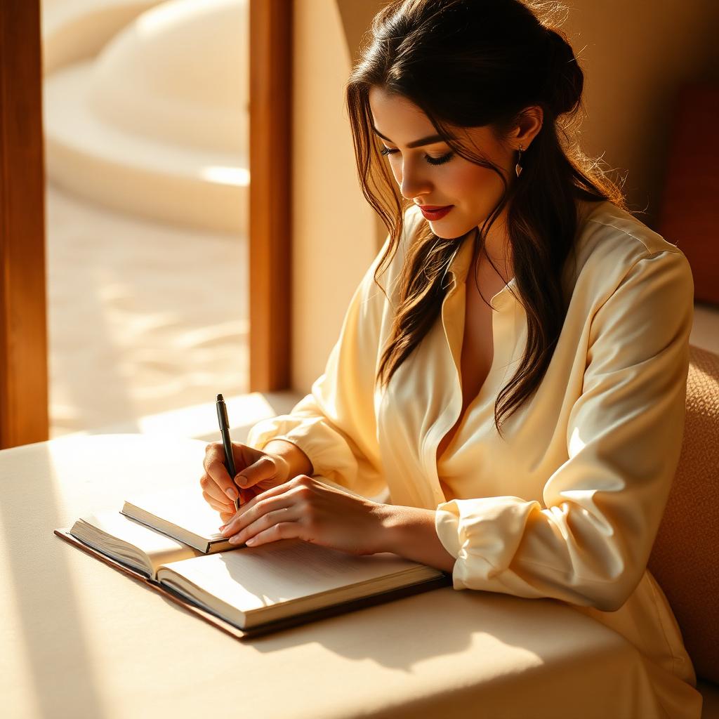 Woman in cream silk blouse writing in a leather journal in golden light